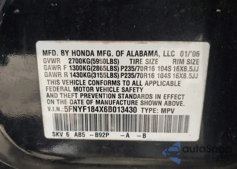 2006 Honda Pilot Ex from USA, damaged, VIN 5FNYF184X6B013430